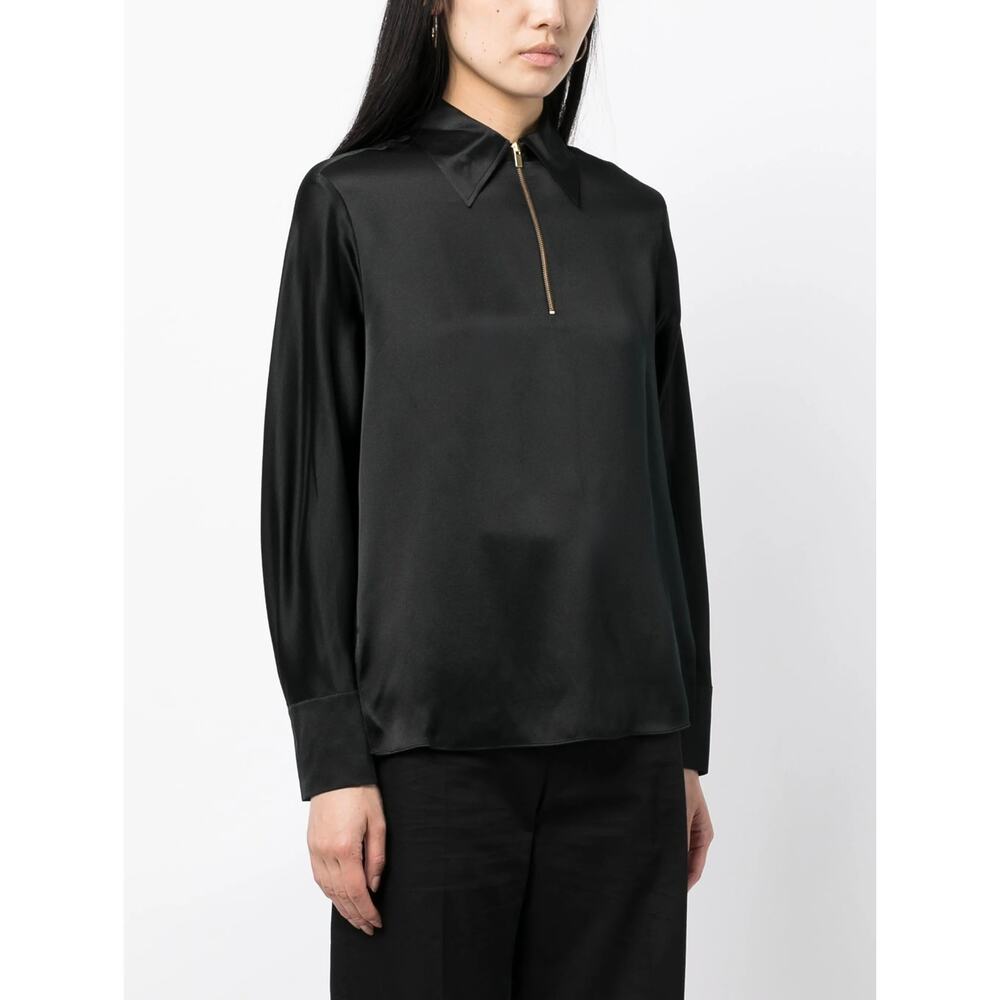 VINCE Silk Long Sleeve Blouse Half-Zip Black Gold Zipper‎ Medium